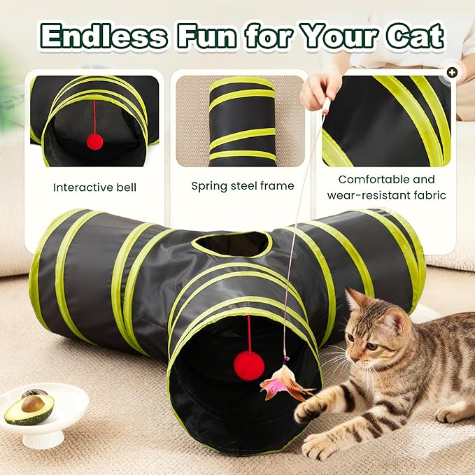 Love’s Cabin Cat Tunnel for Indoor Cats, 3-Way Collapsible Play Tunnel with Teaser Wand, Peek Holes & Toy Ball, Small Pet Toy for Kittens & Rabbits, Black & Yellow, Small Size