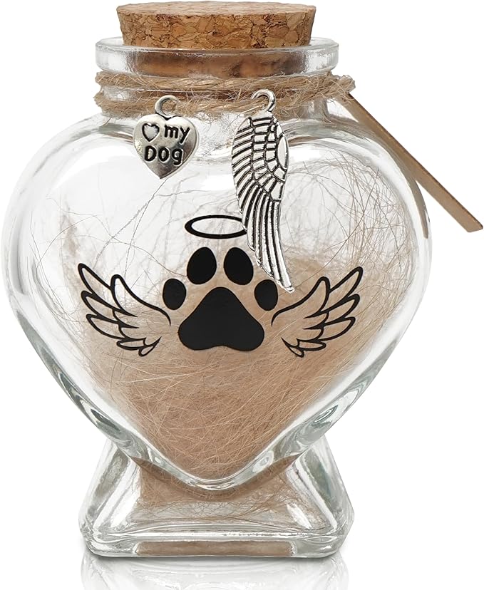 Pet Memorial Gift for Loss of Dog or Cat, Heart Shape Glass Jar & Bottle for Fur, Hair, Whiskers or Ashes Keepsake Urn with Cork Top, Charms for Cute Rainbow Bridge Memorial, Dog