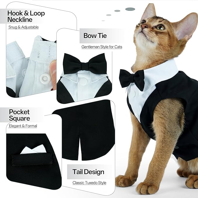 PUMYPOREITY Cat Tuxedo Suit Formal Wear with Bow Tie, Soft Skin-Friendly Cat Costumes for Cats Only, Elegant Outfit for Male Female Cats, Perfect for Wedding Birthday Photo Shoots, XL, Black