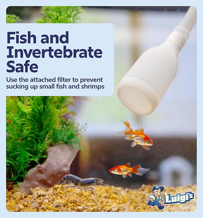 Luigi's Fish Tank Cleaner - Turtle Tank Accessories - Gravel Vacuum for Aquarium - Hand Siphon Hose to Remove and Change Water or Sand in Minutes - Aquarium Cleaning Tools