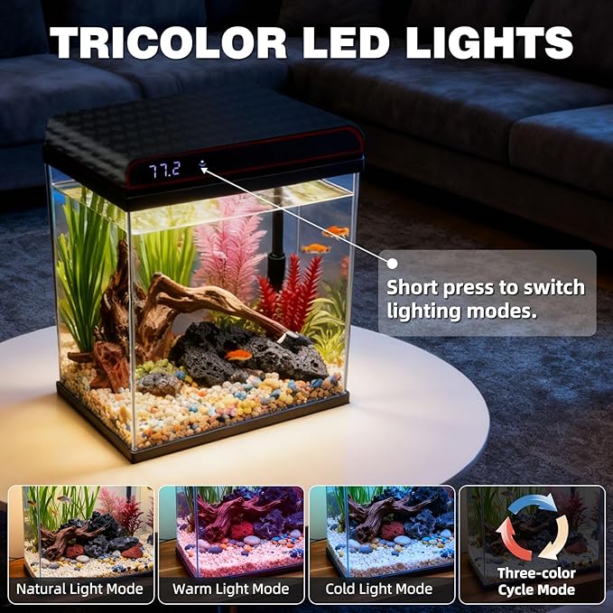 Coospider 5 Gallon Glass Fish Tank, Aquarium Starter Kit, Self-Cleaning Aquarium Kit with Ultra-Quiet Filter Pump, 3-Color LED Lights, Temp Monitoring for Fish, Shrimp, Kids Gift Idea