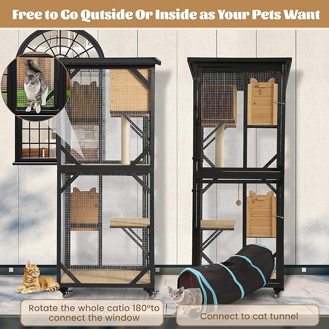 TITIMO 71" Catio Cat Enclosure Window, Large Outdoor/Indoor Cat House for Multiple Cats, Wooden Kitty Condo W/Waterproof Roof, Platforms, Resting Box, Scratching Post, Sisal Ball, Wheels (Black)