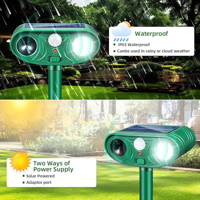 2026 Upgraded Solar Ultrasonic Animal Repeller Outdoor with Motion Sensor & LED Strobe Cat Repellent Outdoor Effective Dog, Deer, Raccoon, Squirrel Deterrent for Yard, Lawn, Garden 4 Pack