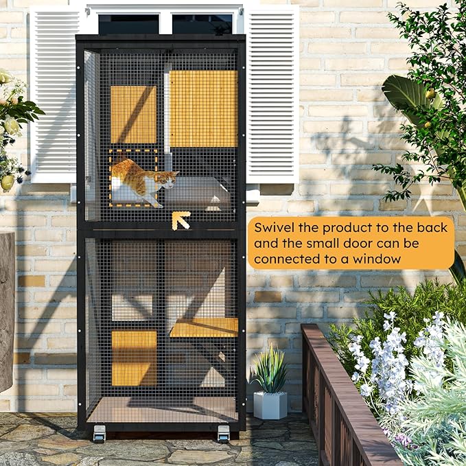 4 Tiers Catio Outdoor Cat Enclosure, Indoor Cats House with 4 Wheels, Cat Enclosure Window Access with Removable Floor, Upgraded Resting Box, Waterproof Roof, Wooden Indoor Pet Cage, Black