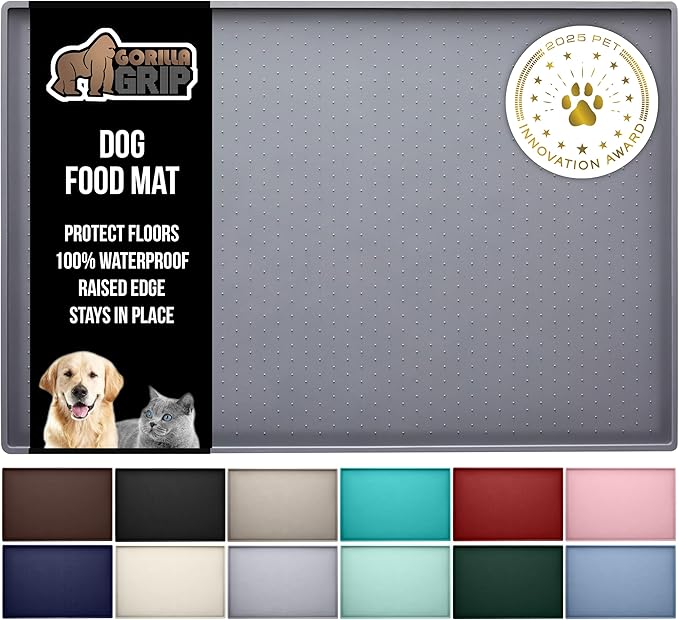 GORILLA GRIP 100% Waterproof Raised Edge BPA Free Silicone Pet Feeding Mat, Dog Cat Food Mats Contain Spills Protects Floors, Placemats for Cats and Dogs Water Bowl, Pets Accessories 32x24 Gray