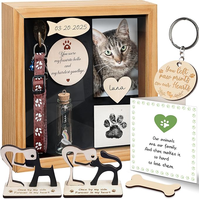 8.6'' Pet Memorial Shadow Box, Natural Collar Holder Picture Frame, Paw Print Kit, Dog Wooden Sculpture, Pet Hair Fur Jar, Cat Memorial Keychain, Dogs Sympathy Card, Gift for Pet Lovers PSD-4N