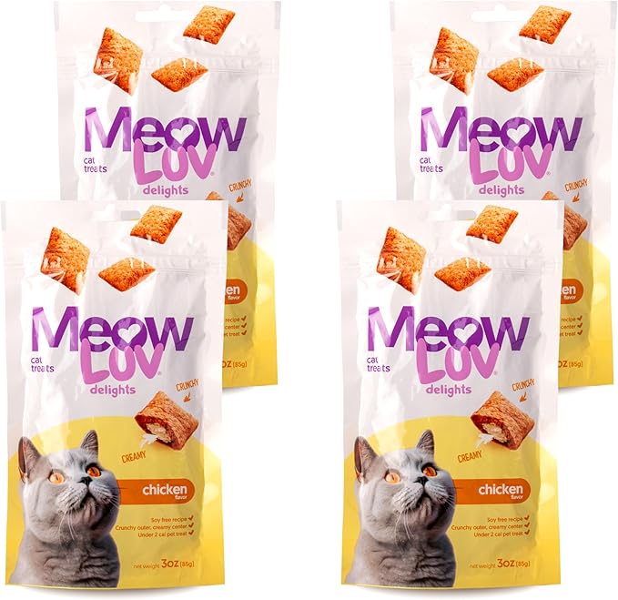 Ultra Chewy Meow Luv Delights Crunchy Cat Treats with Creamy Center - Chicken Flavor - Premium Cat Snacks - Soy-Free Recipe - Healthy Treats for Indoor Cats - 8 Pack