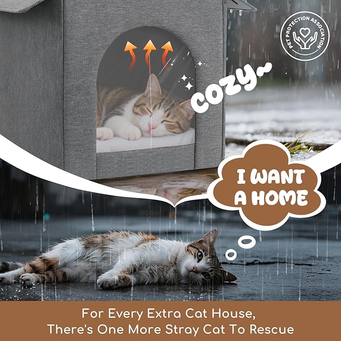 Outdoor Cat House Weatherproof, Insulated Cat Houses for Outdoor/Indoor Cats for Winter, Waterproof Feral Stray Cat Shelter with Door Curtain and Warm Cushion, Easy to Assemble, Grey