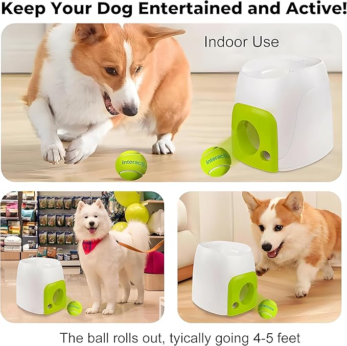 Automatic Tennis Ball Thrower, Dog Feeder and Launcher Toy Ball，Multipurpose Dog Launcher and Treat Dispenser, Automatic Tennis Toy with Rewards for Small and Medium Size Dogs