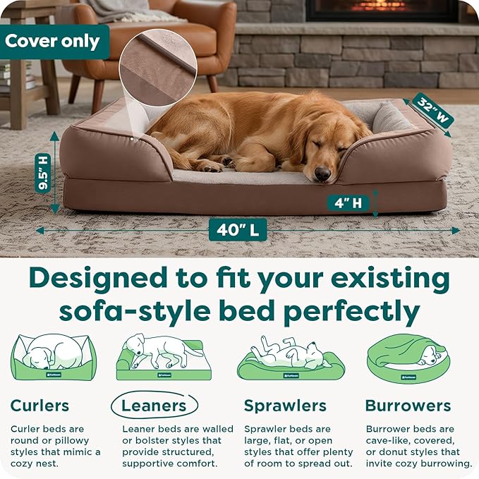FurHaven Dog Bed Cover Replacement, Sofa-Style Design with Soft, Breathable Fabric for Cozy Comfort, Machine Washable, Jumbo XL, Plush & Velvet Waves, Brownstone