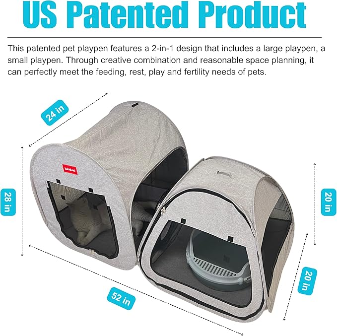 Portable Cat Playpen 2-Room, 2-in-1 Pop-up Cat Dog Crate Play Enclosure with Separate Areas, Foldable Pet Playpen for Puppy Kitten and Small Animals Indoor Outdoor