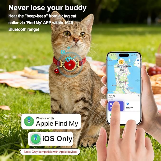 Air Tag Cat Collar, Waterproof Cat Air Tag Collar with Bell, Safety Breakaway Buckle Kitten Collars Tracker Finder for Cats, Kittens(9-13inch), Reflective Collars Work with Apple Find My(iOS Only)