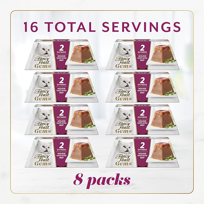 Fancy Feast Gems Pate Cat Food Mousse with Beef and a Halo of Savory Gravy Cat Food - 4 oz. Boxes,(Pack of 16)