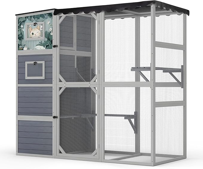 Outdoor Cat Enclosure, 4-Tier Large Cat Catio with Weatherproof Roof, 2 Resting Rooms, 2 Platforms, Walk in Cat Cage Cat House Indoor, Grey, w/Painted Panel