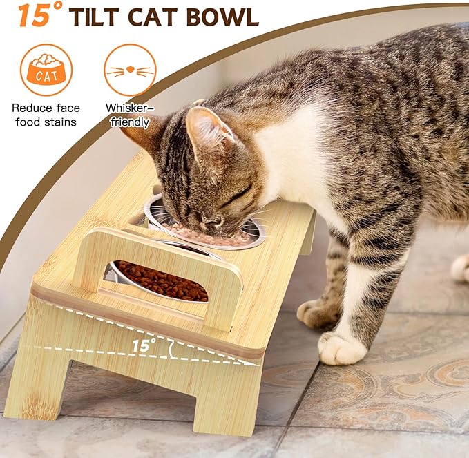 Bamboo Elevated Cat Bowls, 3 Stainless Steel Raised Cat Bowl with Stand, 15°Tilted Cat Feeding Station, Cat Food and Water Bowl Set for Small Cats and Puppy, Anti Vomitting, Whisker Fatigue (Natural)