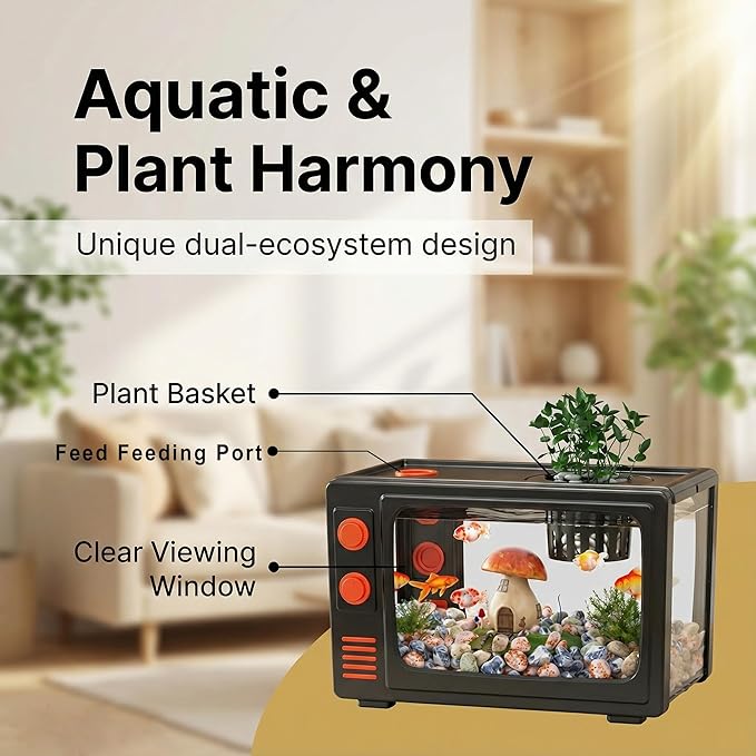 3 Gallon Fish Tank Aquarium Kit with LED Lights, Filter & Plant Planter - Retro TV Shaped Design Desktop Water Garden for Betta/Goldfish (Black - 3 Gallon)
