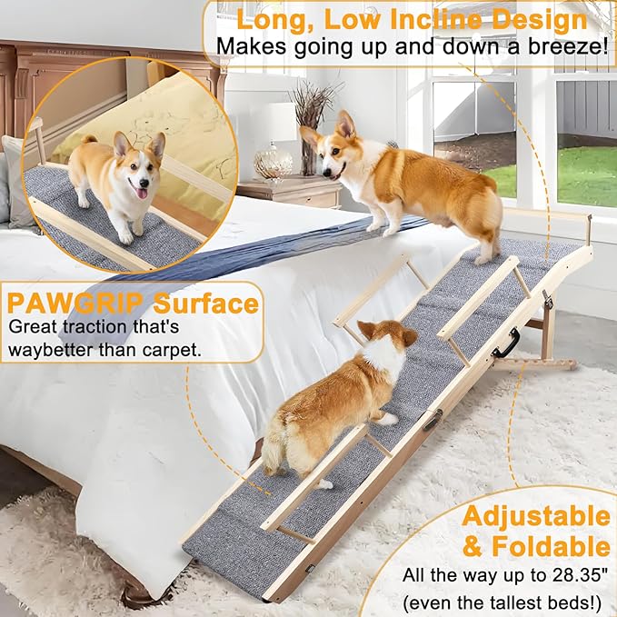 Dog Ramp for Bed, Couch & Car – Adjustable Foldable Pet Ramp, 64.17" Long, 17.72" Wide, Non-Slip Surface with Safety Rails, 8 Heights 20.08"-28.35", Supports 220 lbs, Solid Wood (Gray, 17.72)