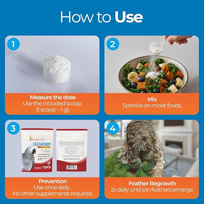 UnRuffledRx FeatherUp! Bird Molting Support & Feather Growth Supplement - for Plucking, Regrowth & Molt - Multivitamin & Amino Acids for All Birds - 90g (240 Servings)