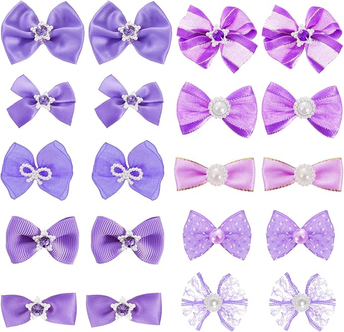 20 PCS Cute Dog Hair Bows with Rubber Bands Elastic Handmade Mix Style Lace Rhinestone Pearls for Furry Puppy Cat Pet Girl, Purple