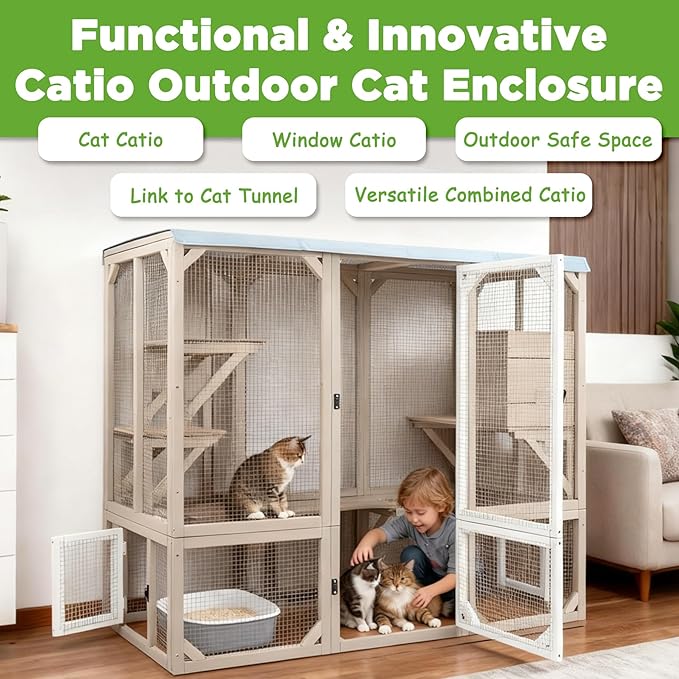 PetsCosset Catio Outdoor Cat Enclosures 4 Story Large Cat's House for Indoor Outdoor Window Catio Wooden Outside Kitty Patio with Resting Room,Waterproof Roof,Jumping Playforms (47" H Cat Catio)