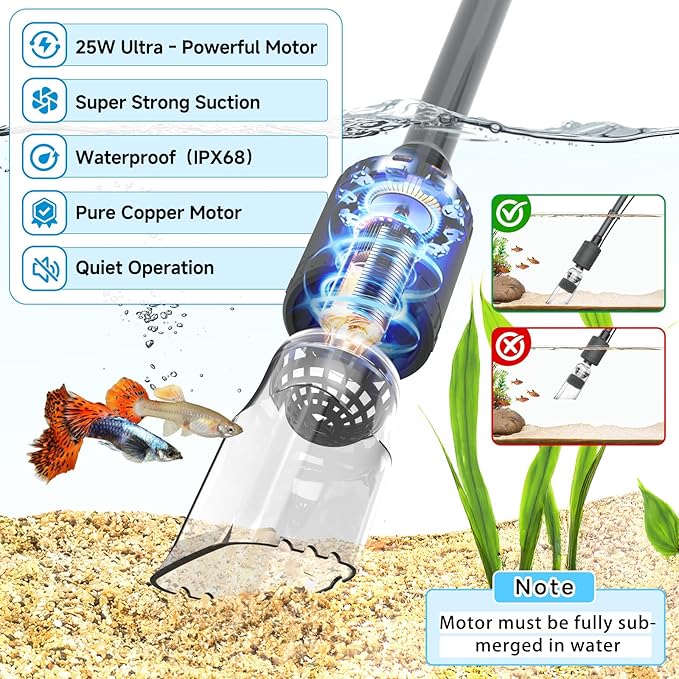 fishkeeper Aquarium Vacuum Gravel Cleaner, 25W 6 in 1 Multifunction Fish Tank Cleaner Kit for Automatic Water Change, Wash Sand, Water Circulation Infinitely Adjustable Flow Fish Tank Cleaner Vacuum