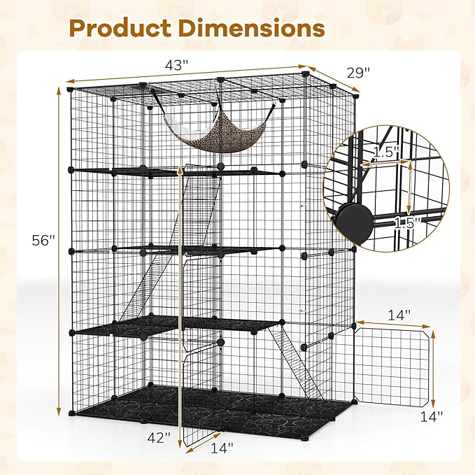 PETSITE 4-Tier Cat Cages Indoor, Metal Wire Cat Enclosure with Extra Large Hammock, 3 Ladders, and 4 Lockable Doors, Detachable Indoor Cat Catio Kennel for 1-4 Cats Kitten, Anti-toppling Kits Included