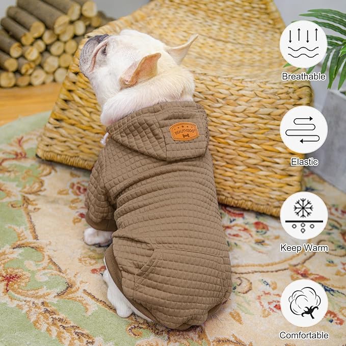 BEAUTYZOO Small Dog Hoodie Sweater with Pockets, Dog Clothes for Small Medium Dogs Boy Girl, Waffle-Like Laminated Cotton Pet Coats with Hat and Leash Hole, Khaki SM