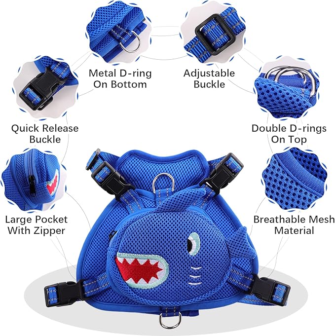 IDOMIK Dog Backpack Harness, No-Pull Dog Backpack with D-Ring for Small Medium Dogs, Cute Self Carrier Backpack for Dogs to Wear, Adjustable Dog Harness Backpack for Traveling Camping Hiking,Shark,M