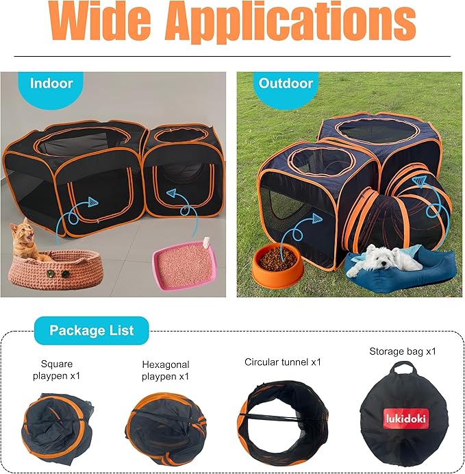 Portable Dog Playpen 2-Room with Tunnel, 3-in-1 Large Cat Crate Play Enclosure with Separate Areas, Foldable Pet Playpen for Puppy Kitten and Small Animals Indoor Outdoor