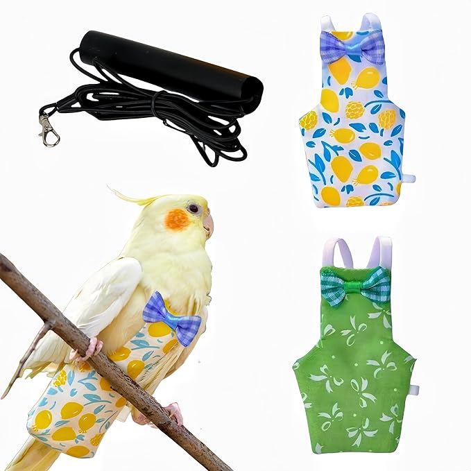 2 Pcs Bird Diapers Bird Harness Flight Suits Diapers with 80 Inch Flying Leash Reusable Parrot Nappy with Waterproof Inner Layer for Cockatiel Budgie Conure Parakeet Lovebird-Bowknot&Lemon