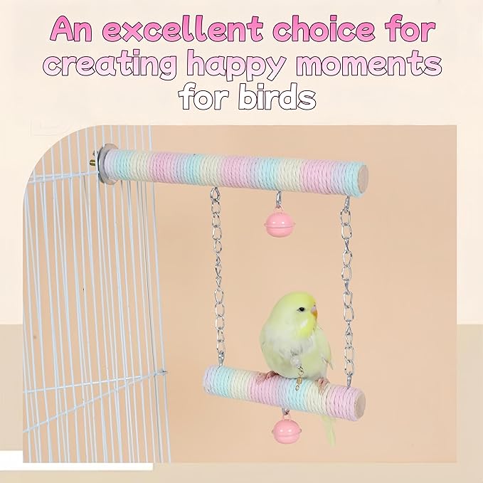 Parrot Swing A Standing Pole, Colorful Cotton Rope Wooden Swing with Metal Chain and Clasp（1Pcs）