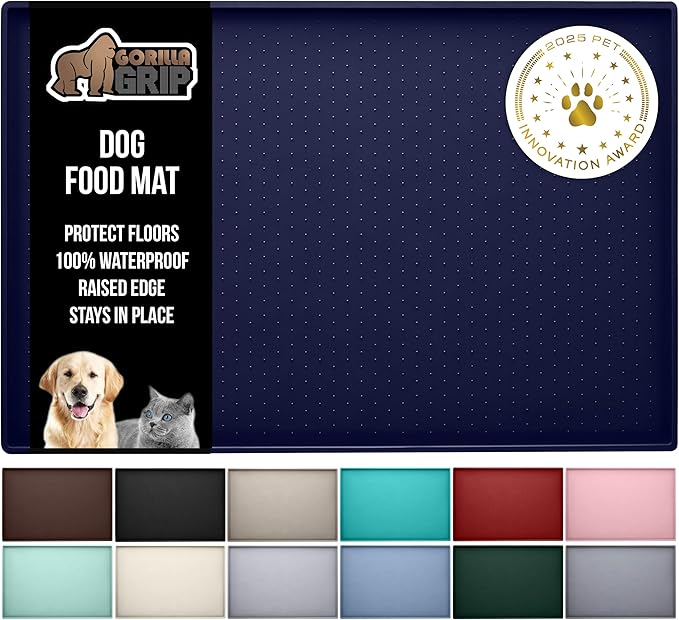 GORILLA GRIP 100% Waterproof Raised Edge BPA Free Silicone Pet Feeding Mat, Dog Cat Food Mats Contain Spills Protects Floors, Placemats for Cats and Dogs Water Bowl, Pets Accessories 28x18 Navy