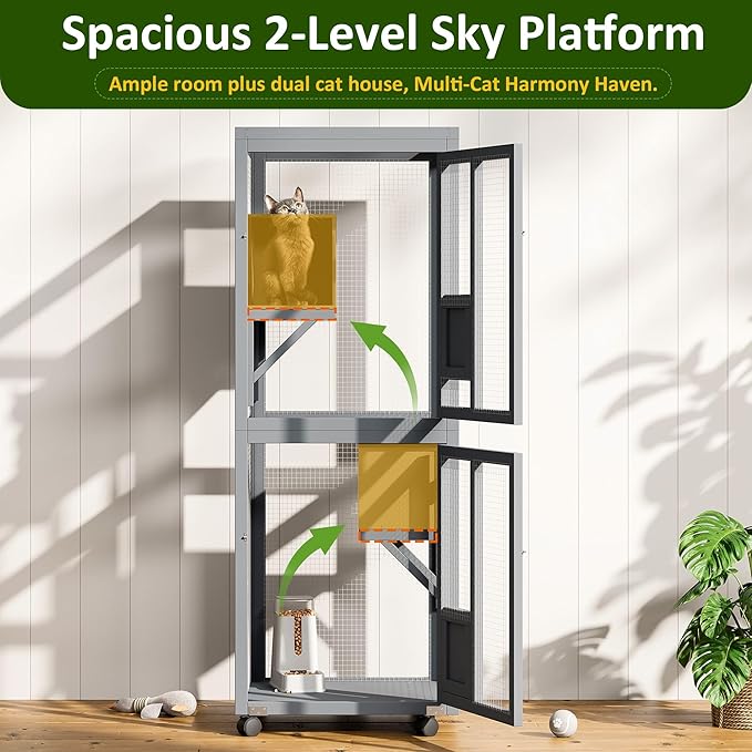 64.7 Inch Catio Outdoor Cat Enclosure, Large Cat House for Outdoor Cats with Enhanced Security Structure, Outside Cat Patio Cattery Weatherproof for Multiple Indoor Outdoor Cats, Grey