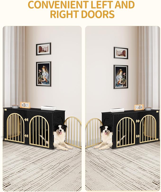 39.4" Wooden Dog Crate Furniture, Indoor Dog Kennel Dogs Cage for Small/Medium/Large Dogs, Heavy Duty Dog Crates Decorative Pet House End Side Table TV Stand, Black Gold DFC84104A
