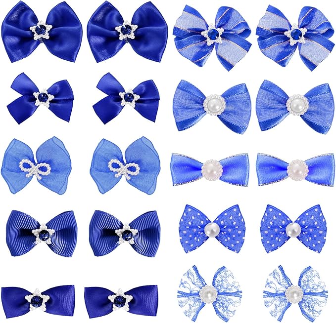 20 PCS Cute Dog Hair Bows with Rubber Bands Elastic Handmade Mix Style Lace Rhinestone Pearls for Furry Puppy Cat Pet Girl, Dark Blue