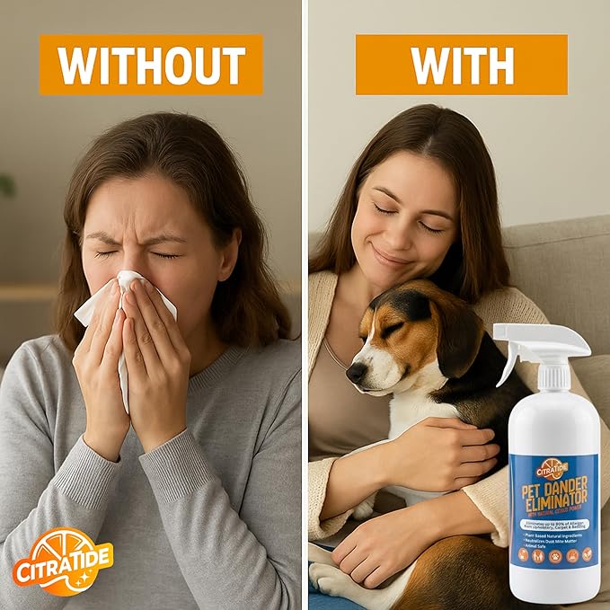 Dander Eliminator Spray – Plant-Based Pet Allergy & Dander Remover – Breaks Down Pet Dander, Dust Mites & Odors Naturally – Safe for Bedding, Furniture & Carpets – USA Made 32oz