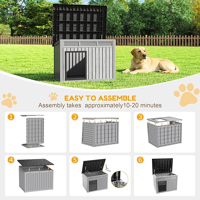 Fancyango Large Dog House for Indoor & Outdoor - Weatherproof & Removable Roof, Fits Small to Large Dogs (42.8" L x 33" W x 31.5" H) - Grey