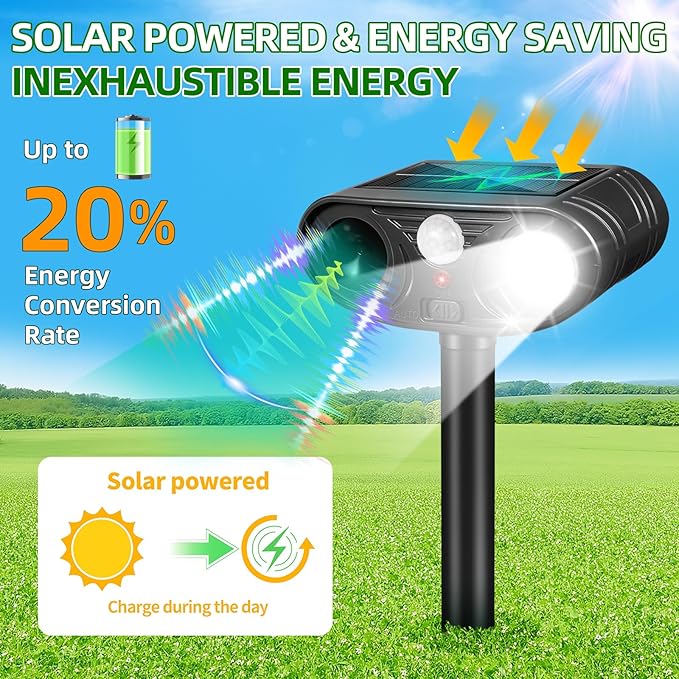 2026 Solar Ultrasonic Racoon Fortress Pro, Deer Cat Repellent Devices Animal Repeller Squirrel Rabbit Deterrent Outdoor with Motion Sensor&Flash Light to Scare Dog Skunk Out of Garden Yard(4Pack)