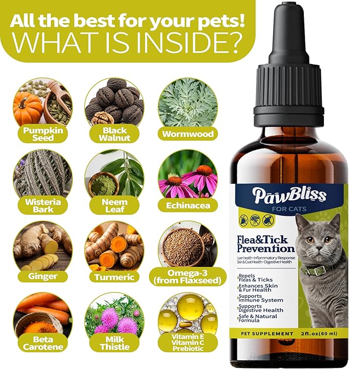 Flea and Tick Prevention for Cats, Pets Oral Natural Supplement Drops with Multivitamin Support for All Breeds and Ages