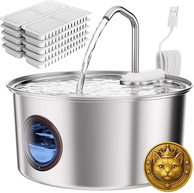 Cat Water Fountain Stainless Steel - 108oz/3.2L Automatic Cat Water Fountain for Drinking with 10PCS Filters, Metal Pet Water Fountain Water Dispenser for Cats, Puppy, Multiple Pets