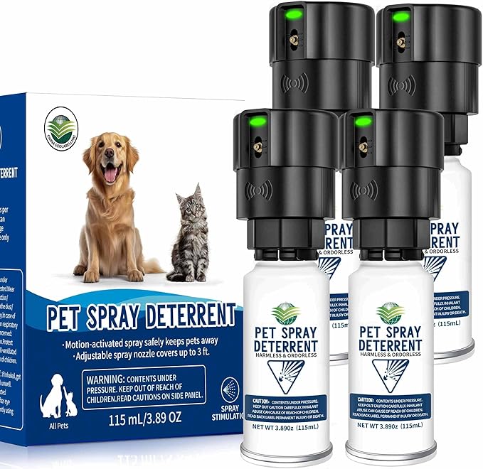 Cat Spray Deterrent System [ 4 Pack ] Cat Deterrent Spray, Motion Activated Pet Deterrent Spray System for Cats & Dogs Odorless Pet Deterrent, Senses Pets Up to 3 Feet Away, Friendly & Safe