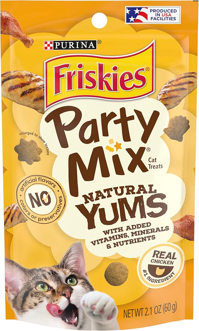 Purina Friskies Natural Cat Treats, Party Mix Natural Yums With Real Chicken & Vitamins, Minerals & Nutrients - (Pack of 10) 2.1 oz. Pouches