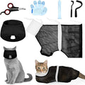 Patelai 5 Pcs Cat Bathing Bag Set Cat Grooming Bag Adjustable Pet Shower Net Muzzles Nail Clipper Tick Remover Tool Massage Brush(Black White)
