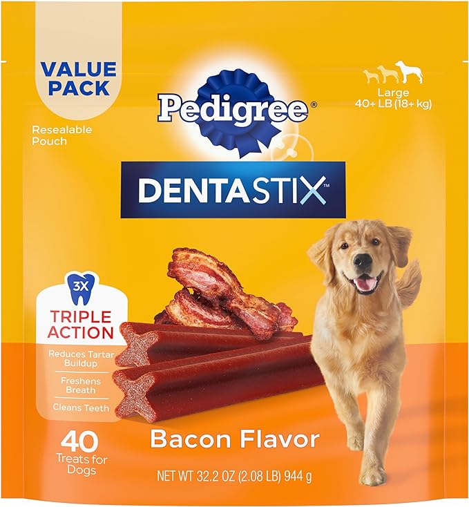 Pedigree Dentastix Dog Dental Treats, Large Breed Dog Treats, Bacon Flavor, 2.08 lb. Bag (40 Treats Total)