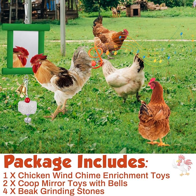 7 Pcs Chicken Toys, Hanging Chicken Wind Chime, 2 Pcs Coop Mirror Toys with Bells 4 Pack Beak Grinding Stones, Musical Coop Accessories for Hen Rooster Chick Poultry Birds(Green, Blue)