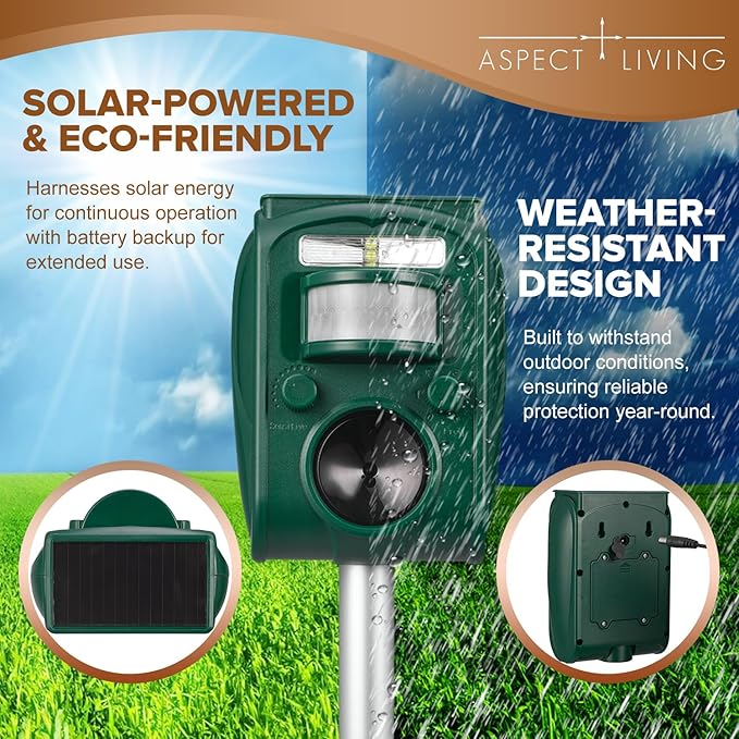 Solar Ultrasonic Animal Repellent Outdoor, Squirrel Deer Repellent Devices Motion Detection,IP65 Waterproof Cat Mouse Raccoon Dog Bird Repellent Deterrent