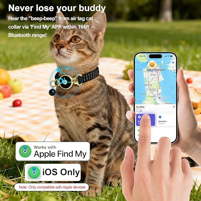 Air Tag Cat Collar, Waterproof Cat Air Tag Collar, Breakaway Buckle Kitten Collars Tracker Finder for Cats, Kittens(9-13inch), Lightweight & Reflective Collars Work with Apple Find My(iOS Only)