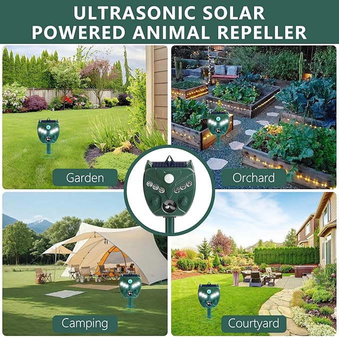 2 Pack NAVISOVL Solar Ultrasonic Animal Repellent Outdoor Cat, Squirrel, Deer Repeller, Motion Sensor&Flashing Light, Repel Dogs,Boar,Deer,Fox,Raccoon,Skunk,Rabbit,Bird Deterrent for Yard&Farmland
