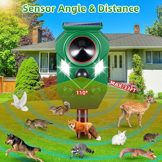 Solar Ultrasonic Animal Repeller Cat Deterrent Outdoor Squirrel Rabbit Dog Skunk Raccoon Coyote Fox Deer Predator Deterrents Repellent Device with Light & Motion Detection for Yard Farm Garden