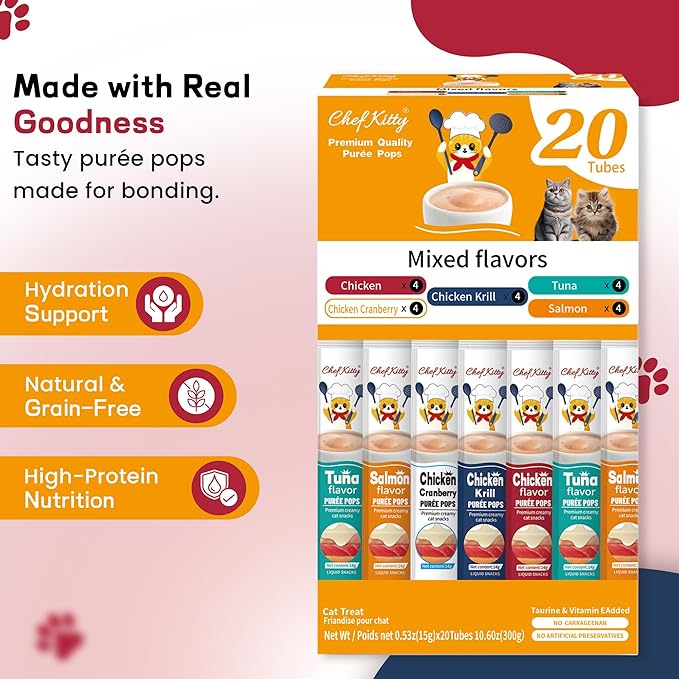 Cat Treats Lickable | Grain-Free Cat Food Toppers, High Protein | Creamy Puree Squeeze Ups with Vitamin E & Taurine, Digestible Formula | 0.5 oz. Each Tube, Chicken & Seafood Mix Variety | 20 Tubes